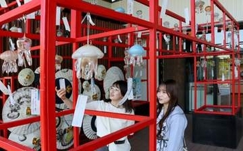 京都市下京区の水族館でクラゲ形の風鈴と京和傘がゆら～り、訪れた人を魅了