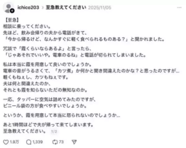 夫「軽く食べられるものある？」の電話に、妻が「霞ならあるよ」とシャレで返したら→夫の返事に困惑……ネット「仙人を連れてきて〜」「自分で買ってきたら！」