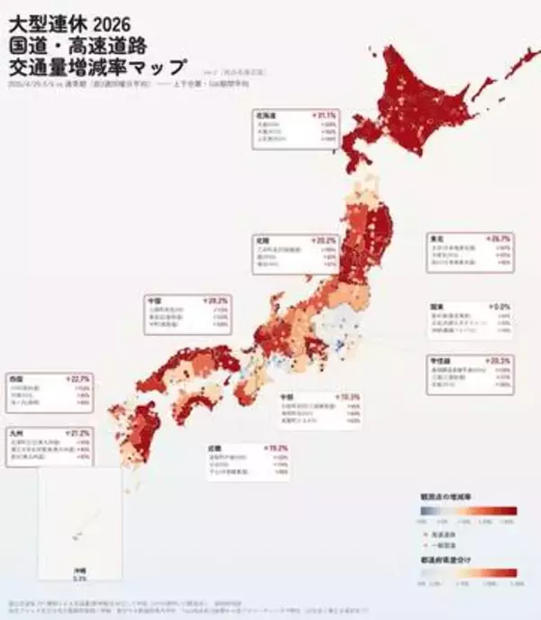 北海道や東北へ？　国道・高速道路の交通量増減率から見える大型連休中の大移動　「関東から人がいなくなってて面白い」