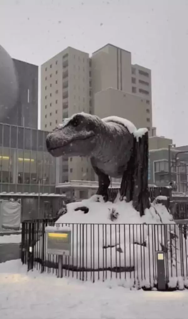 「氷河期みたい」福井駅前の恐竜ロボット、大雪の中でも動き続ける姿に驚き「日本の技術凄い」