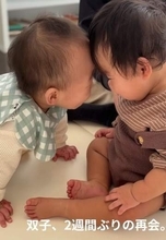 1歳の双子、2週間ぶりにお兄ちゃんが退院　大喜びの妹と額をこつん♡「天使の笑顔！」「絆がすごい」
