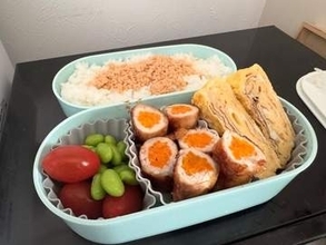 にんじん肉巻き、卵焼き、枝豆　中２娘のために初めてのお弁当　父の自己採点は60点も「おいしかったよ」のお褒めの言葉にモチベ爆上げ　翌日はサンドイッチに挑戦