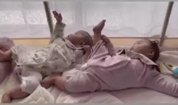 実は忙しい？生後半年の双子の赤ちゃんのハンドリガード「同じポーズかと思ったら違ったw」「角度が一緒♡」