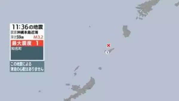 沖縄本島近海で地震 知名町で最大震度１ 津波の心配なし