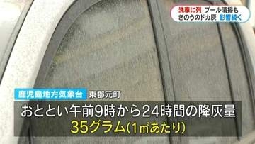 桜島「ドカ灰」きょう8日も影響続く　ガソリンスタンドでは洗車を待つ車の行列　小学校プールにたまった灰を保護者が清掃