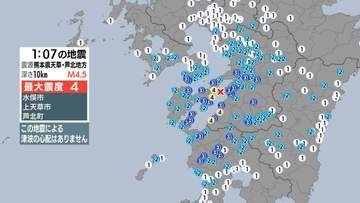 熊本県天草・芦北地方で地震 鹿児島出水市などで最大震度３ 津波の心配なし