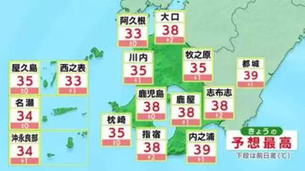 鹿児島市と鹿屋市で38度予想　鹿児島県内全域に「熱中症警戒アラート」発表