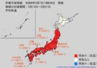5月14日頃から「この時期としては10年に一度程度しか起きないような著しい高温」になる可能性　気象庁が「高温に関する早期天候情報」発表【関東甲信、東北、東海、近畿、北陸、中国、四国、九州北部、九州南部】