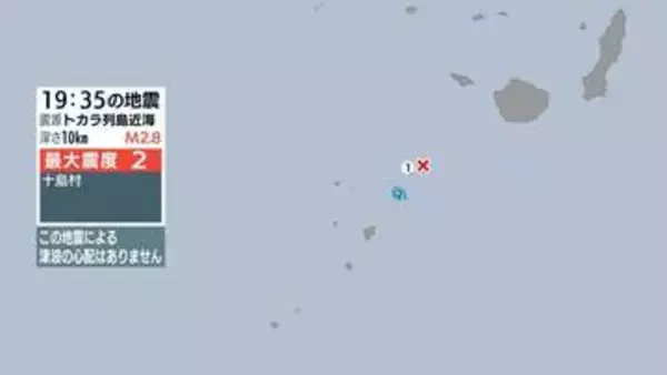 トカラ列島近海で地震 鹿児島十島村で最大震度２ 津波の心配なし