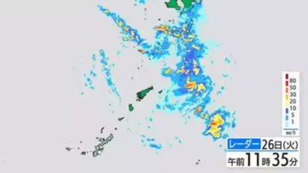 鹿児島県本土・種子屋久でも26日夜から大雨のおそれ　喜界島で1時間70ミリの非常に激しい雨　梅雨前線は九州に北上へ