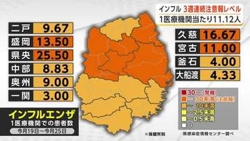 インフルエンザ、3週連続で注意報レベル　1医療機関当たり11.12人 　岩手県
