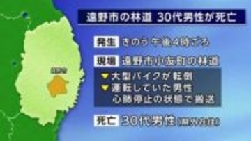 大型バイク転倒し30代男性死亡　岩手県遠野市の林道