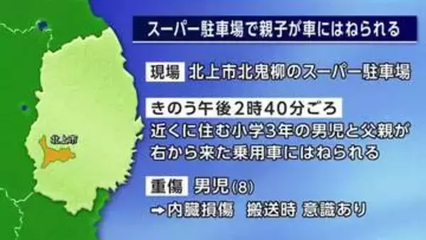 親子が車にはねられる　小3男児が大けが　北上市のスーパー駐車場　岩手県