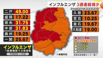 インフルエンザ、3つの地域で警報基準超え　減少傾向でも引き続き感染対策を　岩手県