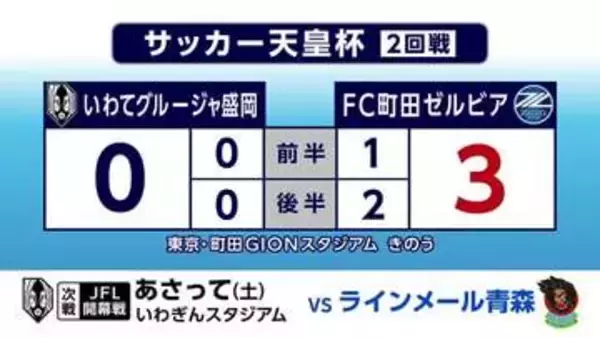 いわてグルージャ盛岡、FC町田ゼルビアに敗れる　サッカー天皇杯の2回戦