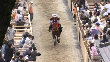 馬が坂駆け上がる　多度大社で上げ馬神事