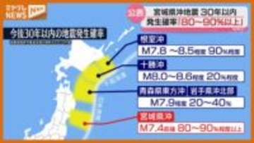 『80％～90％程度以上』に引き上げ、30年以内に宮城県沖でM7.4前後の地震発生確率（政府の地震調査委員会）