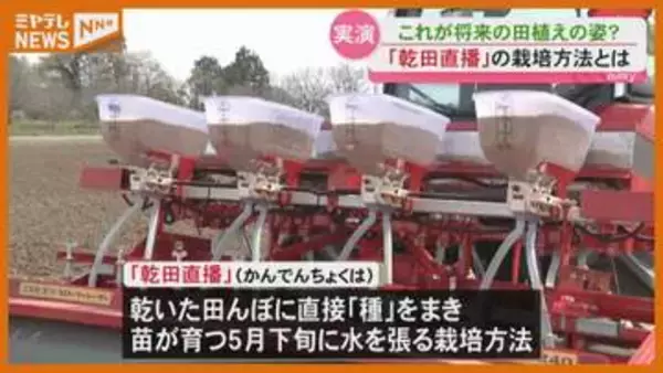 「春作業の手間が省ける」乾いた田んぼに直接 種をまく『乾田直播』の実演（宮城・角田市）
