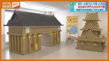 【展示】約3200個の段ボール製ブロックで…『仙台城』大手門と幻の天守閣を再現した作品（宮城・塩釜市）