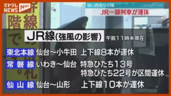 【交通機関に影響】夕方にかけ西寄りの風強まる、東北本線や仙山線で一部『運休』（20日・宮城）