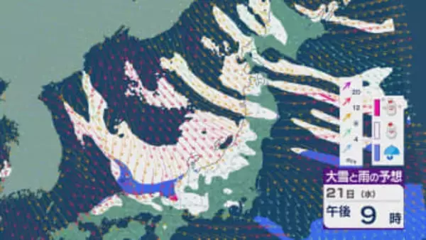 【大雪情報】週明け20日(火)を境に“強烈寒波”が到来 冬型気圧配置が持続し日本海側では大雪が続くおそれ 雪・雨と風シミュレーション