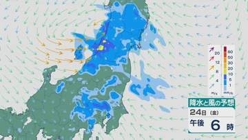 24日(金)も前日に続き関東甲信は夕方を中心に大気の状態が非常に不安定に 雷をともない1時間に40ミリの“激しい雨”のところも 大雨に注意・警戒を 雨と風シミュレーション