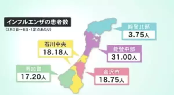 石川県のインフルエンザ患者数 七尾市など能登中部で警報レベルに
