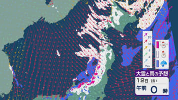 12日(金)は東北日本海側で大雪のところも 沿岸部では風の強まりに注意を 北陸も12日未明から朝は雪の降る天気に 雪・雨と風シミュレーション