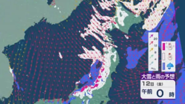 12日(金)は東北日本海側で大雪のところも 沿岸部では風の強まりに注意を 北陸も12日未明から朝は雪の降る天気に 雪・雨と風シミュレーション