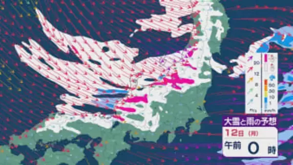 【大雪情報】11日(日)は強い冬型に 大雪をもたらす「JPCZ」が発生し東北日本海側に その後は南下し北陸にも影響のおそれ 3連休は交通障害などに注意・警戒を雪・雨と風シミュレーション