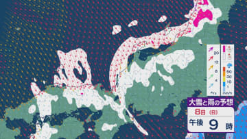 【大雪情報】8日(日)夜までは冬型気圧配置は強く北陸など日本海側の大雪は続く 9日(月)朝までの24時間予想降雪量は平地でも石川県25センチ・福井県30センチ 雪と風シミュレーション