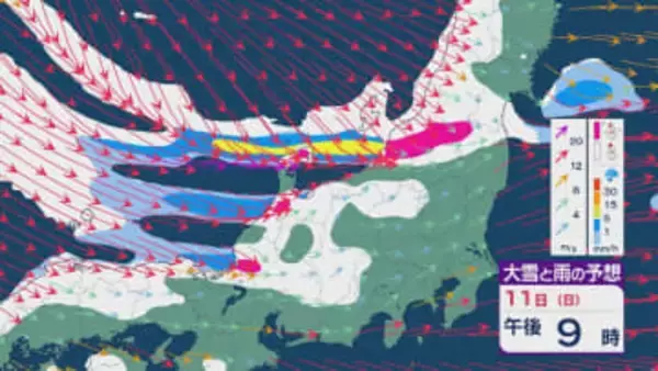 【大雪情報】低気圧が日本海を通過後“強い冬型”に 11日(日)から成人の日の12日(月)は日本海側で大雪に 24時間予想降雪量は東北で100センチ 北陸で70センチに 雪・雨と風シミュレーション