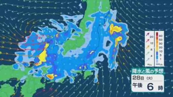 日本列島を高気圧が覆う「夏らしい気圧配置」は鳴りを潜め 28日(火)は低気圧が日本海を進み北陸では雨が強まるところも 関東でも雷雨に 雨と風シミュレーション