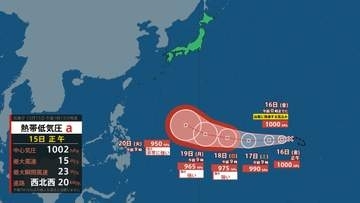 【台風のたまご】熱帯低気圧は15日中にも台風へ　20日には非常に強い勢力に発達する見込み