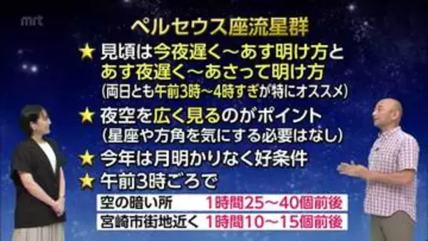 宮崎では13日明け方がおススメ!　「ペルセウス座流星群」の見どころと観察ポイント　気象予報士に聞く