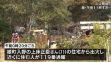 焼け跡から1人が遺体で見つかる　住民か　綾町で住宅1棟を全焼