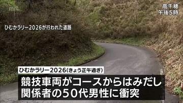 高千穂町で開催の「ひむかラリー2026」　競技車両がコースからはみ出す　関係者の男性が足を骨折
