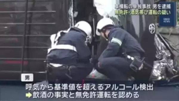 35歳男を酒気帯びと無免許運転の疑いで逮捕  名古屋で車横転の単独事故