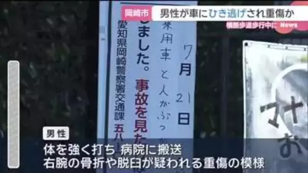 夫婦で帰宅中 横断歩道を歩いていたら…車にひき逃げされ安城市在住の33歳男性が重傷か 愛知・岡崎市