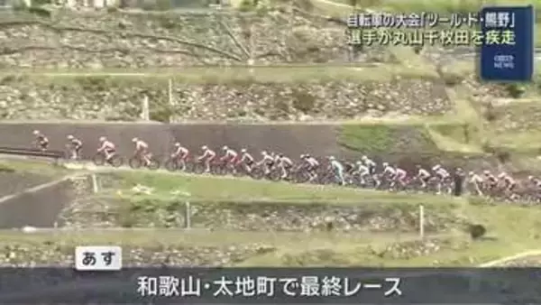 丸山千枚田で自転車の国際大会「ツール・ド・熊野」　厳しい登りを疾走