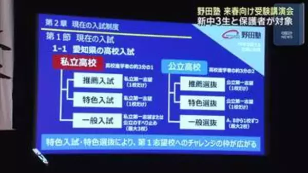 野田塾で早くも来春の高校受験向け講演会　愛知は入学金・授業料実質無償化の私立高校人気が高まる傾向に