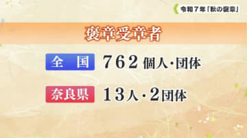 「秋の褒章」　奈良県関係 １３人・２団体が受章