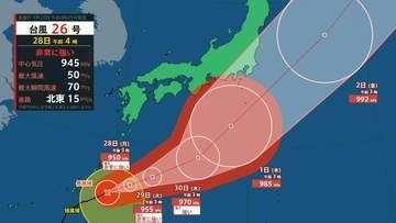 【台風情報】最大瞬間風速70メートルに発達「非常に強い」台風26号、30日(水)にかけて関東沖を北上予想　秋雨前線停滞で大雨おそれ