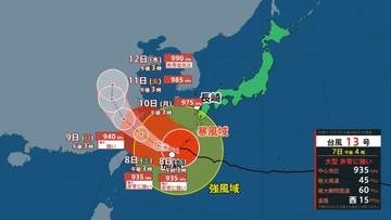 【台風13号】沖縄・奄美で暴風や大雨に厳重警戒　線状降水帯発生の可能性も　【台風15号】11日ごろ日本の東へ　関東～北海道のいずれかに上陸のおそれ