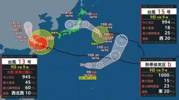 【トリプル台風へ】また「台風のたまご」発生…24時間以内に台風へ 台風15号は大きくカーブ日本列島横断へ 台風13号まだ「非常に強い」勢力（気象庁9日午前11時）