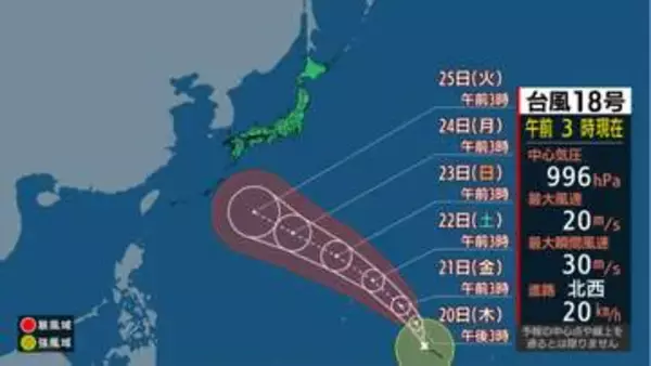 【台風情報】最大瞬間風速65m/s 台風18号(ソウデル) 935hPa「非常に強い」勢力へ猛発達予想　24日～25日に日本再接近へ 今後の進路と雨風シミュレーション【20日午前6時現在】