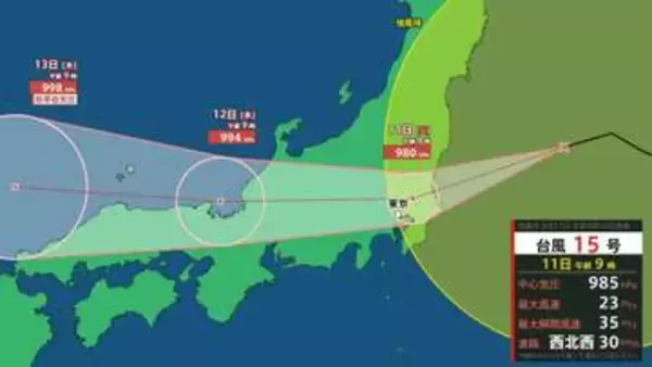 【台風15号】すでに強風域　上陸は「茨城か千葉か」きょう11日(火)午後6時～9時予想　つくば市付近通過し本州横断へ　最大瞬間風速35mでお盆の交通乱れに警戒【11日9時気象庁発表】