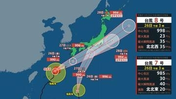 【ダブル台風】台風７号は２７日には本州接近 台風８号は上陸の可能性 九州北部では土砂災害に警戒　【台風７号台風８号 本州接近時の雨風シミュレーションも】