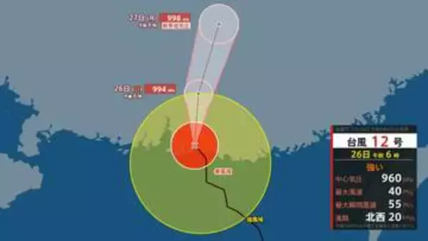 【台風情報】最大瞬間風速は55m/sに…台風12号(ノウル)は「強い」勢力で大陸上陸へ【予想進路】