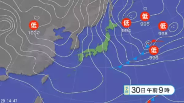 【大雪情報】東北と東日本から西日本では日本海側を中心に大雪の恐れ　北陸70センチ、東北・近畿50センチ、東海40センチ　24時間予想降雪量（30日午後6時まで・多い所で）　交通障害に警戒